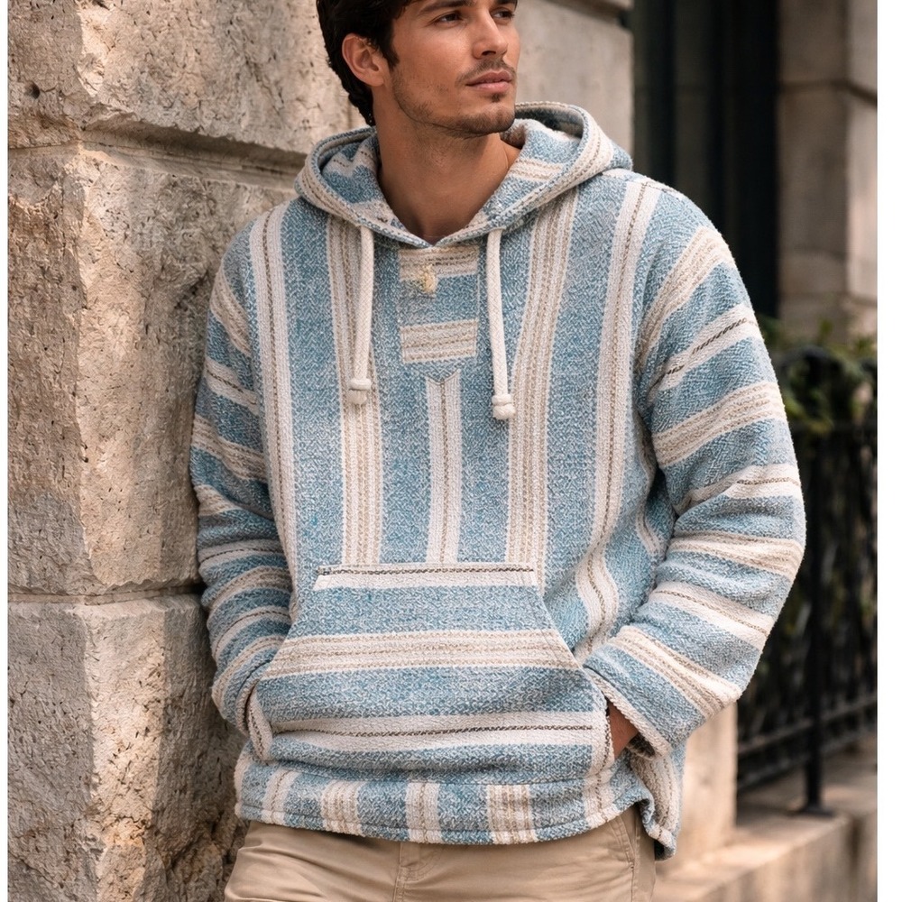 Baja Hoodie Mens Large Blue White Striped Surf Mexican‎ Pullover Sweatshirt